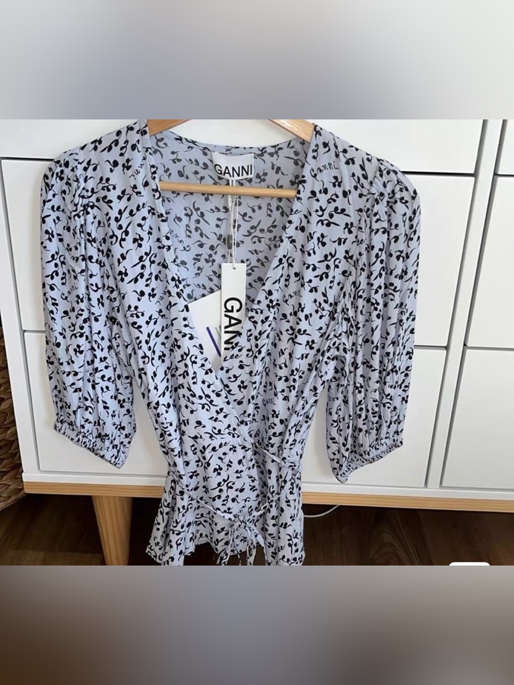 Ganni Light Blue and Black Printed Wrap Top